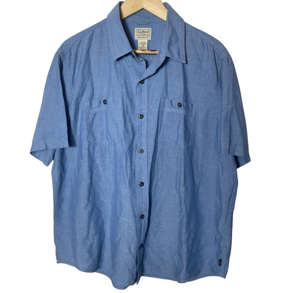 Linen Blend L.L.Bean Traditional Fit Blue  Short Sleeve Casual Button Up Shirt L